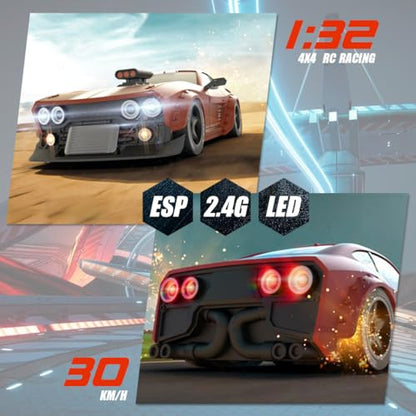 KM3299 RC Drift Car with Gyro Stabilization and LED Lights | 1:32 Scale High-Speed 4WD Mini Electric Remote Control Drift Vehicle, 30 km/h, RC Vehicle Gift for Adult - color: Red