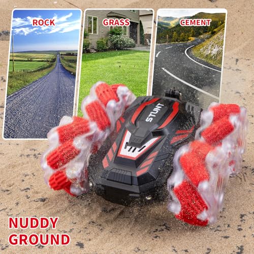 RC Stunt Car, Double-Sided 360° Flips, 4WD Gesture Sensing RC Cars with Cool Lights and Music, for Boys Aged 6-12, Great Birthday Presents, Toy Cars (Red) - color: M-red