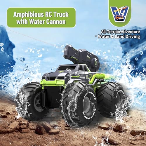 3-in-1 Amphibious Remote Control Car RC Boat with Water Gun, Waterproof RC Monster Truck for Kids 4-7 8-12, 4WD All-Terrain Remote Control Boat for Boy Birthday Gift, Summer Pool Water Toy