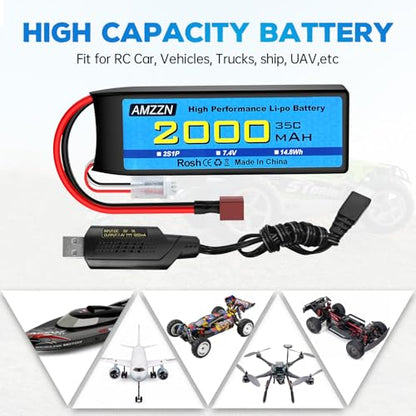 2S T Plug Lipo Battery 7.4V 2000mAh 35C with USB Charging Cable for RC Car,Truck Model Car,Remote Control Ship,RC Quadcopter Qircraft,FPV Drone Battery