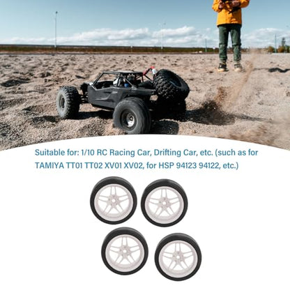 4pcs RC Tires Wheels Rims Set, 1/10 Scale Rubber Tires with 12mm Hex Hub, 26mm Wide Smooth Drift Tires for RC Racing and Drifting Cars Compatible with TT01 HSP (White) - color: White