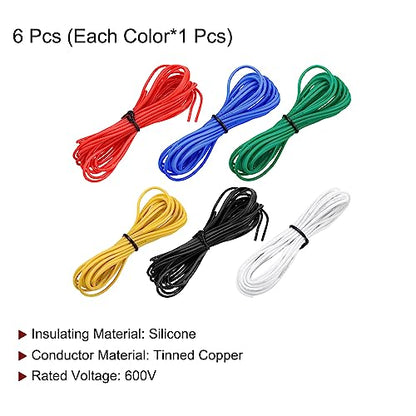 MECCANIXITY 24 Gauge Wire Silicone Wire 24AWG Electrical Wire Stranded Wire Tinned Copper Wire High Temp Hookup Wire 6 Color 3.0m/10ft for Car Model Electric Appliances 6pcs - size: 24AWG, 10ft