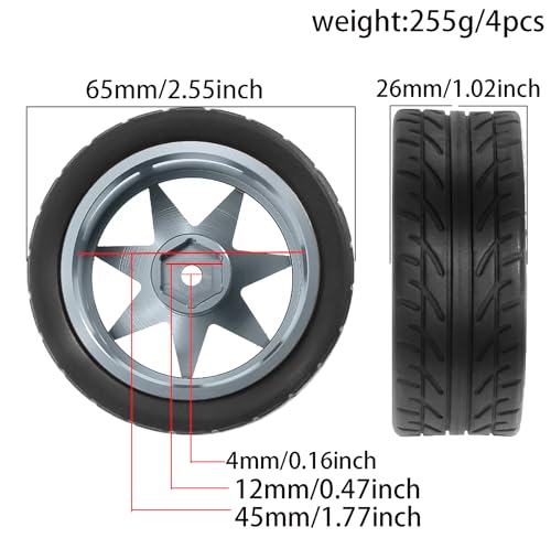 REDSPIDER 1/10 On Road Tires and Metal Wheels 12mm Hex RC Rally Racing Tyres OD 2.55" 4PCS for Tamiya TT01 TT02 XV01 TA06 A959 PTG2 HPI KYOSHO PTG2 Traxxas 1:10 Street Touring Drift Car (Titanium) - color: Titanium