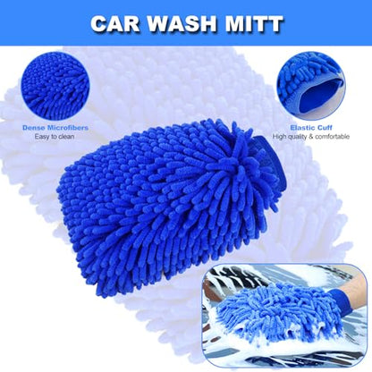 62'' Car Wash Brush with Long Handle, Car Wash Kit with Tire Brush, Tower, Window Squeegee, Chenille Microfiber Car Wash Mop Mitt, Car Cleaning Brush Kit Supplies for Car, Truck, SUV, RV