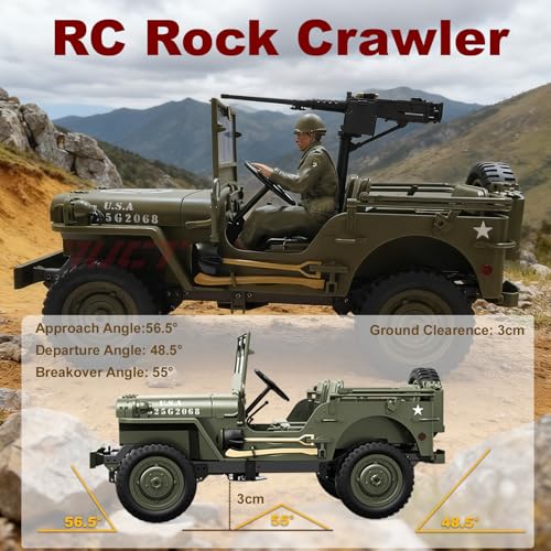 YUCT 1/10 Army RC Crawler Willys Jeep | RC Rock Crawler 4x4 Military Off-Road Car with Driver Figure & Machine Gun Oliver Green - color: Oliver Green