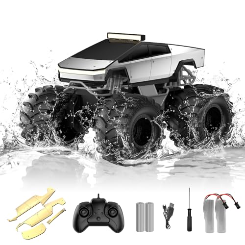 Amphibious Remote Control Car, 1:18 Monster Truck Toys for Boys RC Cars, 2.4 GHz Waterproof RC Trucks, 4WD All Terrain Off-Road Pickup, Kids Christmas Birthday Gifts Present Boys Girls Toys Ages 6+ - color: Silver