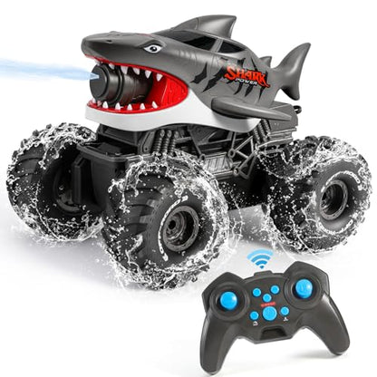 BOBXIN Amphibious Remote Control Shark Toy Monster Truck Grey | Squirt Water All-Terrain Off-Road Waterproof 4WD 2.4Ghz RC Boat Car Pool Water Toys for Kids Age 6+ - color: Grey