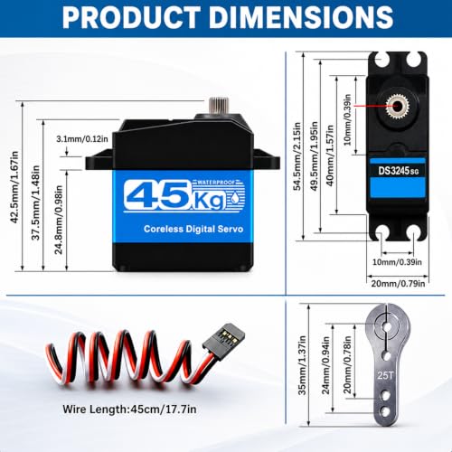 2 Packs Servo Motor 45KG High Torque Waterproof Digital Servo, 180 Degree Coreless Motor with Full Metal Gear and 25T Aluminum Arm for 1/10 Scale RC Car Truck Crawler Boat Robotic Arm DIY