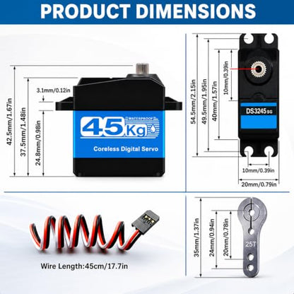 2 Packs Servo Motor 45KG High Torque Waterproof Digital Servo, 180 Degree Coreless Motor with Full Metal Gear and 25T Aluminum Arm for 1/10 Scale RC Car Truck Crawler Boat Robotic Arm DIY