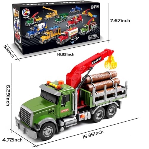Dwi Dowellin Kids Toys for 3 4 5 6 7 Years Old Boys,15" Large Timber Truck with Loading Crane and 6 Trunks,Birthday Gifts for Boy Toddler Child - style: farm truck