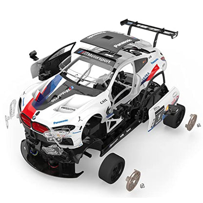 RASTAR Build Your Own RC Car BMW M8 GTE Kit with Remote, Motor & DIY Decals | Officially Licensed, Ideal Gift, 74PCs 1/18 Scale RC Model Car Building Kit with Openable Doors & Working Lights, 97200