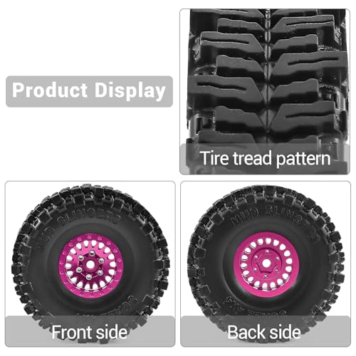 1.0" Aluminium Beadlock Wheels and Tires 64x23mm for 1/24 Axial SCX24, 1/18 TRX4M RC Crawler – Upgrade Parts (Pink, 4pcs) - color: Pink