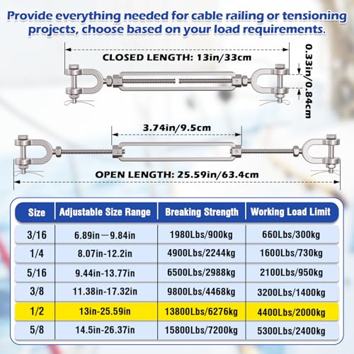 2 Pack 1/2" Jaw and Jaw Turnbuckle Heavy Duty, 4400 lbs Working Load Limit, Ultra Durable Stainless Steel Turnbuckles for Cables Wire Tension, Tractor, Sun Shade Tent, Deck, Ground Anchors - size: 1/2"(M12)-2PCS
