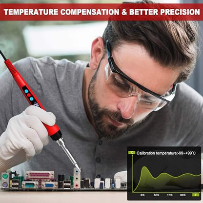 Soldering Iron Kit, 100W Soldering Gun with LED Digital Display, Adjustable Temperature 356-932℉ Solder Kit for Electronics, Includes Soldering Iron Tip, Solder Wire, Stand, Tweezers and Paste, Red - color: Red