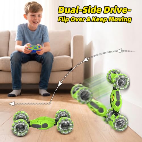 VisionX Unique 4WD High Speed RC Cars, Gesture Sensing Remote Control | Outdoor Toys for Kids Ages 6 7 8 9 10 11 12 Year Old, Double‑Sided Driving RC Drift Car, 360° Rotating Stunt Car Toys - color: Green