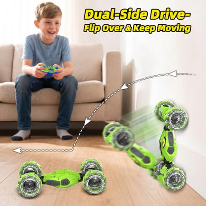 VisionX Unique 4WD High Speed RC Cars, Gesture Sensing Remote Control | Outdoor Toys for Kids Ages 6 7 8 9 10 11 12 Year Old, Double‑Sided Driving RC Drift Car, 360° Rotating Stunt Car Toys - color: Green