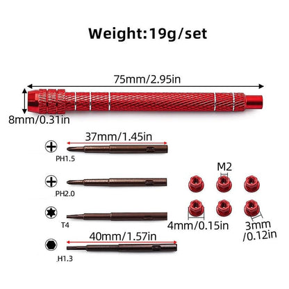 1/30 RC Screwdrivers Set H1.3 Hex T4 Plum Phillips 1.5mm 2.0mm Precision Bits With M2 Nuts Screw Driver Repair Tool Kit For 1:30 1:32 Crawler Car Axial SCX30 0.7" Tires Wheels (Red) - color: Red