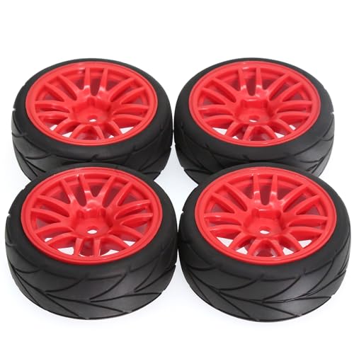 1/10 RC On Road Tires OD 2.56" and Hard Plastic Rally Wheels Rims 12mm Hex for 1:10 Scale Street Racing Touring Drift Car Tamiya TT01 TT02 Traxxas XV02 XV01 TA06 HPI KYOSHO PTG2 4PCS (Red) - color: Red