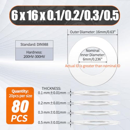 Shim Washer 6 x 16 Precision Spacers Kit 20 Units x0.1/0.2/0.3/0.5mm 304 SS | 80 Pcs 0.1-0.5mm Thick 304 Stainless Steel Flat Shim for Bearings Gearboxes CNC & RC Tuning, DIN 988 - size: 6 x 16 x 0.1/0.2/0.3/0.5mm
