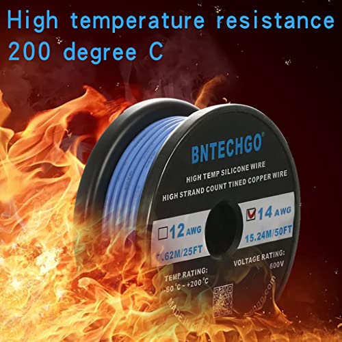 BNTECHGO 14 Gauge Silicone Wire Blue 50ft Stranded Tinned Copper Wire | Flexible 14 AWG Stranded Wire Silicone Rubber Insulation For RC Models, Drone, Robot, Battery, EV Charger, 3D Printer, DIY - color: Blue, size: silicone wire 50ft
