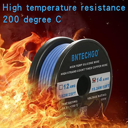 BNTECHGO 14 Gauge Silicone Wire Blue 50ft Stranded Tinned Copper Wire | Flexible 14 AWG Stranded Wire Silicone Rubber Insulation For RC Models, Drone, Robot, Battery, EV Charger, 3D Printer, DIY - color: Blue, size: silicone wire 50ft