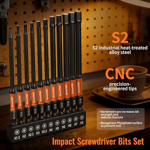 GRENPRO 11-Piece Allen Wrench Drill Bit Set, Metric, 4-Inch Impact Hex Bits | S2 Steel Bits with CNC-Machined Tips, Magnetic Fastener Retention, 1/4" Hex Shanks and a Storage Box for Organized Storage - size: 4" 11pcs(Metric)