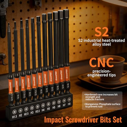 GRENPRO 11-Piece Allen Wrench Drill Bit Set, Metric, 4-Inch Impact Hex Bits | S2 Steel Bits with CNC-Machined Tips, Magnetic Fastener Retention, 1/4" Hex Shanks and a Storage Box for Organized Storage - size: 4" 11pcs(Metric)