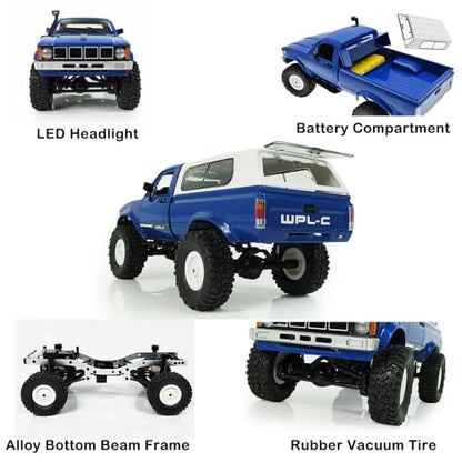 RC Truck 1/16 RC Rock Crawler, WPL C24 4x4 RC Pickup Truck, 2.4GHz Remote Control Car, All Terrain Off Road RC Climbing Car with Headlights and 2 Batteries for Adults (Blue) - color: Blue