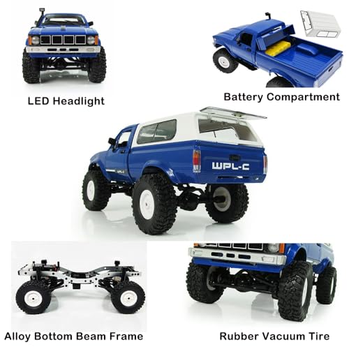 RC Truck 1/16 RC Rock Crawler, WPL C24 4x4 RC Pickup Truck, 2.4GHz Remote Control Car, All Terrain Off Road RC Climbing Car with Headlights and 2 Batteries for Adults (Blue) - color: Blue