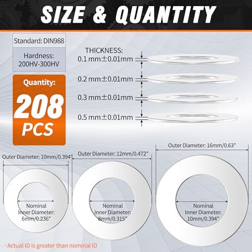 Shim Washer 6x10 8x12 10x16 Precision Spacers Kit 0.1/0.2/0.3/0.5mm 304 SS | 12 Size 208pcs 0.1/0.2/0.3/0.5mm Thick 304 Stainless Steel Flat Shim for Bearings Gearboxes CNC & RC Tuning, DIN 988 - size: 6x10 8x12 10x16 208pcs