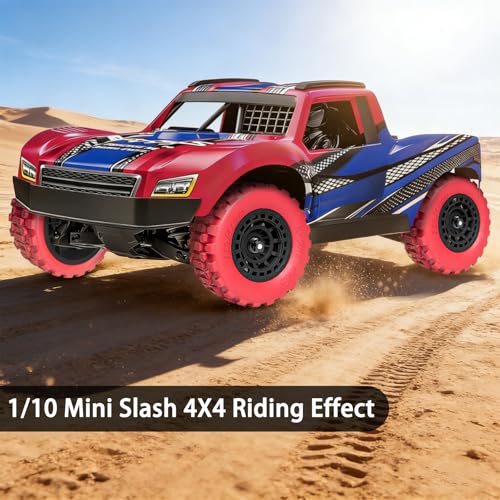 Pre-Glued 12mm Hex RC Wheels and Tires for 1/10 RC Short Course Truck, 4PCS | Compatible with 1/10 Arrma Senton Traxxas Slash Axial Losi Axial Redcat - color: Red Tires+ Black Wheels