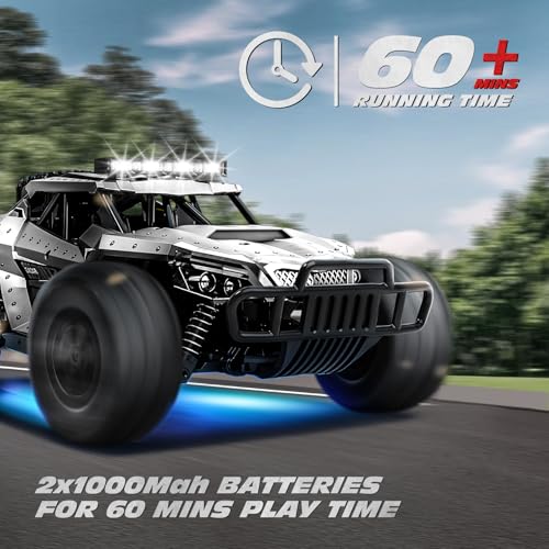 Tecnock RC Car 1/16 Scale Remote Control Car for Boys, High Speed 20 Km/h All Terrains Rc Monster Truck with Two Rechargeable Batteries & Head Chassis Lights Gift Toy for Kids Adults, Silver - color: Silver