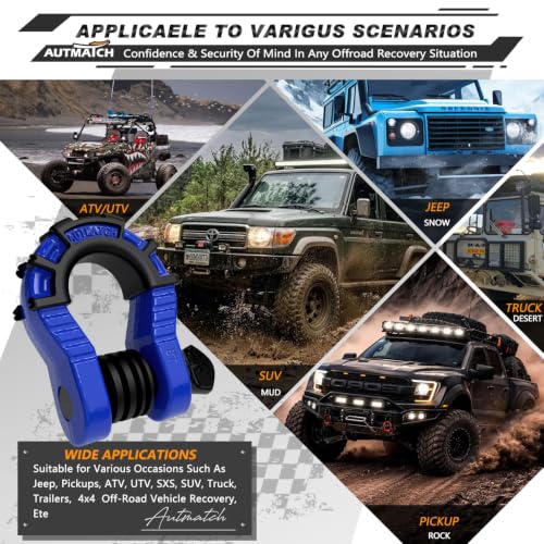 AUTMATCH 3/4" Mega D Ring Shackles (2-Pack) - 68,000 lbs Break Strength | Heavy Duty Clevis Shackle with 7/8" Pin & Isolator Washer Kit for Tow Strap, Winch, Towing & Off-Road Vehicle Recovery, Blue - color: Blue & Black