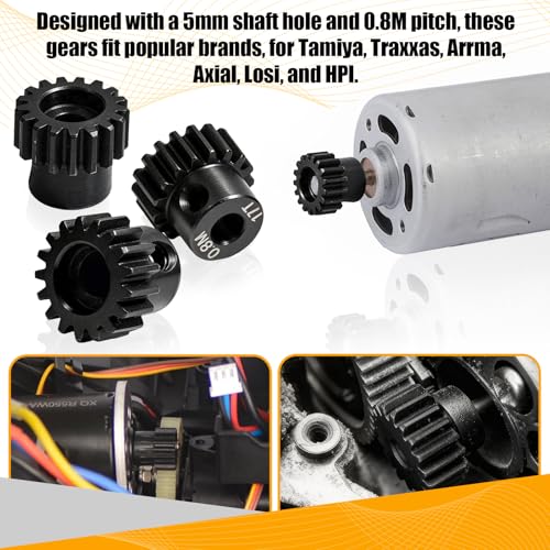 3-Pack Steel Metal 0.8M 5mm Pinion Motor Gear Sets 17T Compatible with HPI Kyosho Losi Axial Tamiya 1/8 1/10 RC Car Monster Truck Buggy, 0.8 Module Gear for Traxxsa Arrma - style: 3Pcs 17T