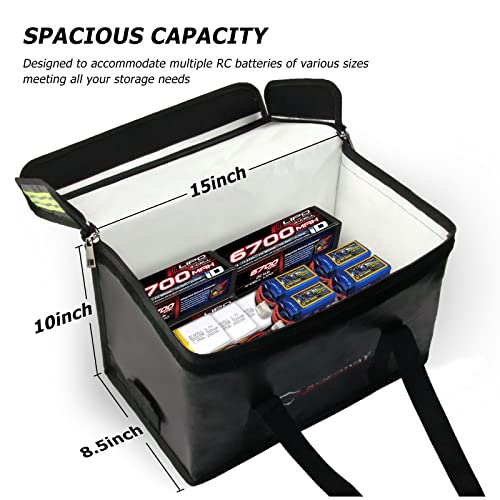 Lipo Battery Bag (15 x 8.5 x 10 inch), Large Fireproof Lipo Ebike Bag with Comfortable Handle, Reflective Strip