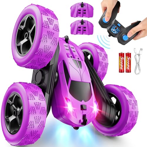 QUNREDA RC Cars, Purple Remote Control Car for Girls, 2.4 GHZ Double Sided RC Stunt Car 360° Rotating Remote Control Crawler with Headlights Car Toys for 6 7 8 9 10 11 12 Girls Birthday Gift - color: Purple