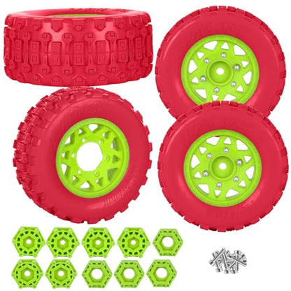 RC F/R Wheels and Tires Set w/Detachable Replace Running on Off-Road Tire RC Wheel Hex for 1/10 Slash 4WD 4×4 2WD/Arrm a Senton/Axia1/Rc 4wd/Redca t,12mm/14mm/17mm Hex,Green-Red（4PCS - color: Green-red(rc Wheels Tires)