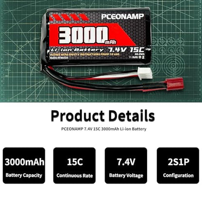 2S 7.4V 3000mAh 15C Rechargeable Li-ion Battery, T-Plug | Fits 1/12 1/16 1/18 4WD RC Car (70x38x18mm). 2 charge cables. Lightweight Li-ion, 40+ min runtime. UN38.3 & UL2054 certified.