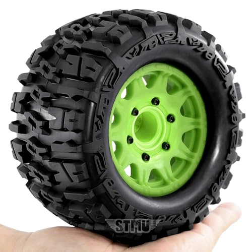 STMU 12mm/14mm Hex RC Wheels & Tires Set for 1/10 RC Trucks - Compatible with Traxxas Rustler, Stampede, Hoss 2WD/4X4 VXL, Arrma, Redcat, RIAARIO, AMORIL Green, 4PCS - color: Green