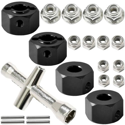 Aluminum 12mm Hex Wheel Hub 4Pcs w/Axle Pin M4 Flange Lock Nut Standard M3 M4 Nut, 7mm Thickness Wheel Drive Adapter Upgrades Parts for 1/16 TRAXXAS MINI MAXX 4WD RTR RC Car(Black) - color: Black