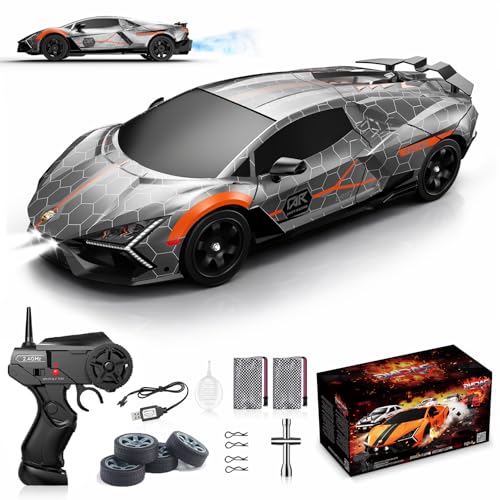 Remote Control Car RC Drift Car 1:16 Scale 4WD 18KM/H High Speed Model Vehicle 2.4GHz with LED Lights Spray Rubber Tire Racing Sport Toy for Adults Boys Girls Kids Gift 2Pcs Rechargeable Batteries - color: Silver