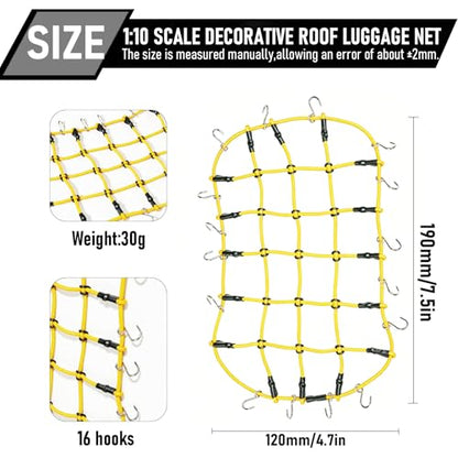 1/10 RC Elastic Cargo Net 19×12cm with Hooks, Scale Luggage Net for TRX4 | Compatible with TRX4 SCX10 D90 Axial 90046 1/10 RC Crawler Truck Accessories (Yellow) - color: Yellow