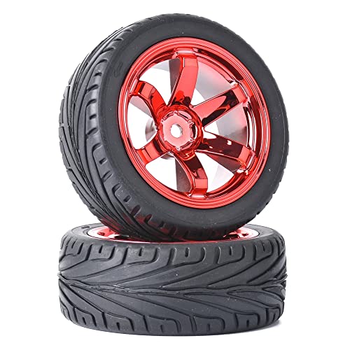 4PCS RC Car Rubber Tires and Plastic Wheels Rims Compatible with 1/10 Scale On Road Touring Racing Flat Drift Car for HSP HPI Tamiya (Red) - color: Red