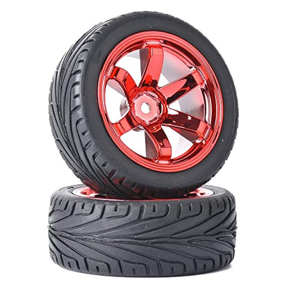 4PCS RC Car Rubber Tires and Plastic Wheels Rims Compatible with 1/10 Scale On Road Touring Racing Flat Drift Car for HSP HPI Tamiya (Red) - color: Red