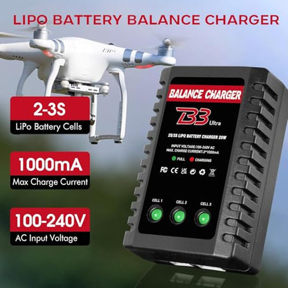 2S-3S LiPo Battery Charger, RC Balance Charger AC 7.4-11.1V Upgrade Version Compact RC Car Charger for XHR Plug Battery