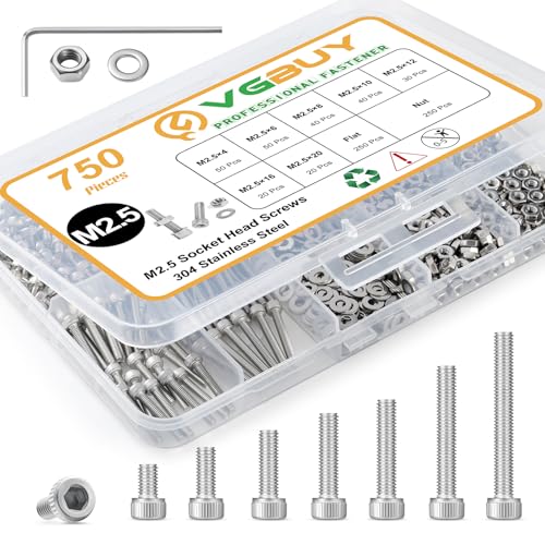 VGBUY 750pcs M2.5 Screw Kit, M2.5 x 4/6/8/10/12/16/20mm Hex Socket Head Cap Screws Bolts Nuts Washer Kit,304 Stainless Steel Machine Screws Suitable for 3D Printer DIY - size: M2.5x4/6/8/10/12/16/20mm, style: Socket Head