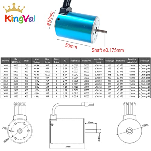 KingVal Replacement 3650 5900KV Brushless Motor Shaft 3.175mm with 80A Brushless ESC and Program Card Combo Compatible with 1/10 RC Car - size: 5900KV