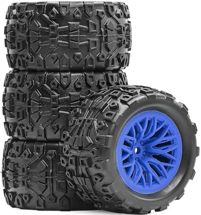 Pre-Glued 1/16 & 1/18 RC Monster Truck Rubber Tire & Nylon Wheel - 12mm Hex | Rubber Tires with Foam Fits for ARRMA 1/18 Granite/Typhon Grom, WLtoys A949, MJX Hyper Go H16 (4PCS, Blue) - color: Blue