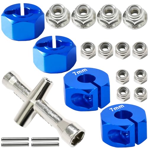 Aluminum 12mm Hex Wheel Hub 4Pcs w/Axle Pin M4 Flange Lock Nut Standard M3 M4 Nut 7mm Thickness Wheel Drive Adapter for 1/10 Traxxas HSP Redcat Rc4wd Tamiya Axial SCX10 WLtoy RC Car(25Pcs) - color: Blue, size: 7.0