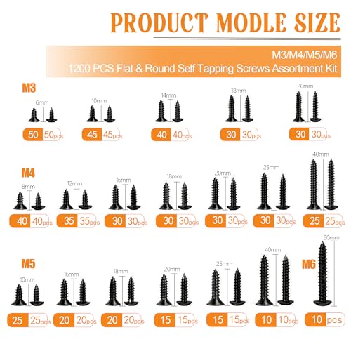 Dianrui 1050PCS Black Wood Screws Assortment Kit, Assorted 304 Stainless Steel Screws M3/M4/M5/M6, ‌Phillips Drive Sheet Metal Self Tapping Screw Set Marine Grade (Pan & Flat Screw) Length 1/4" to 2" - size: 1050PCS-BK